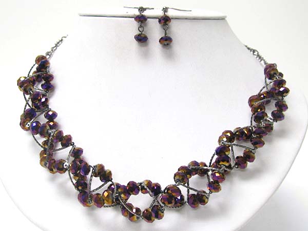 Facet glass stone and metal braided necklace earring set