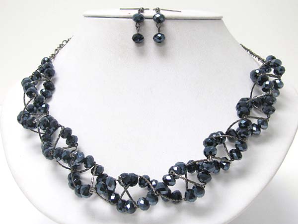 Facet glass stone and metal braided necklace earring set