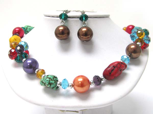 Natural stone and mixed beads link necklace earring set