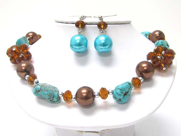 Natural stone and mixed beads link necklace earring set