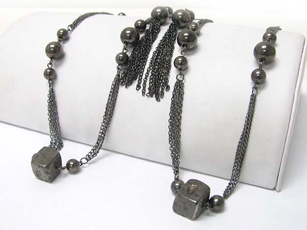 Metal cube and ball link long chain necklace earring set