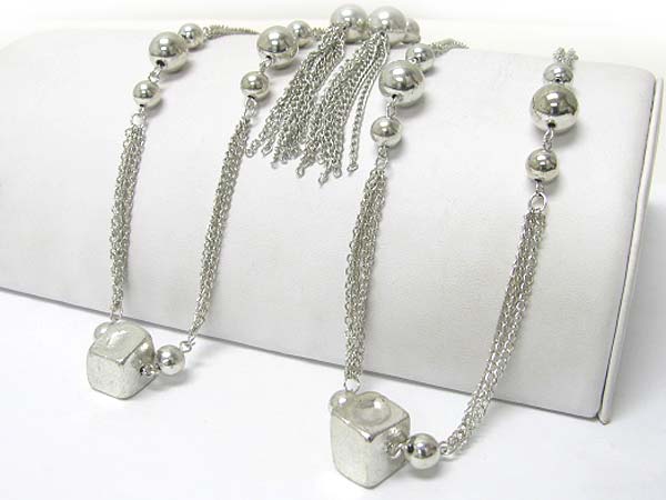 Metal cube and ball link long chain necklace earring set