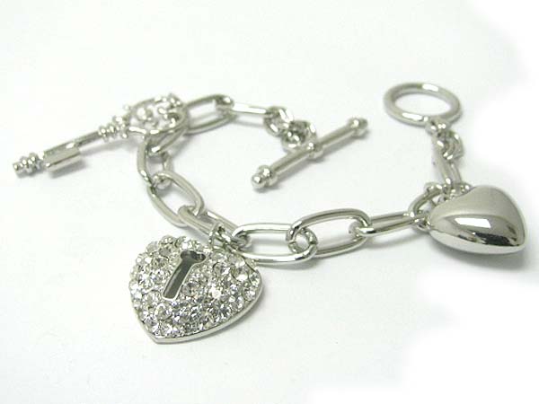 Crystal stud heart lock and key charm dangle bracelet