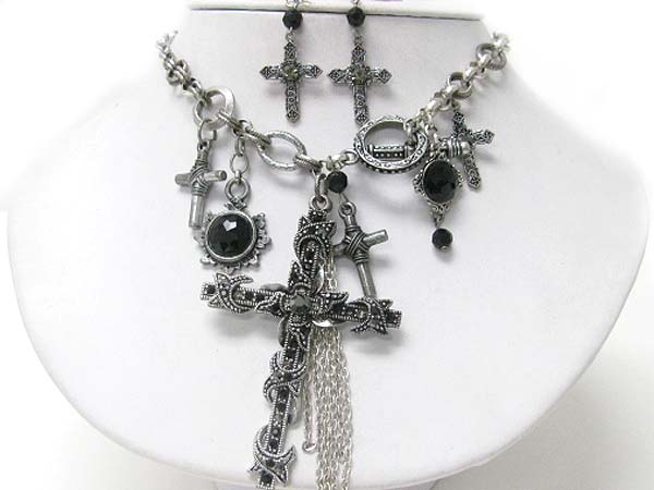 Crystal stud multi cross charm dangle neckalce earring set 