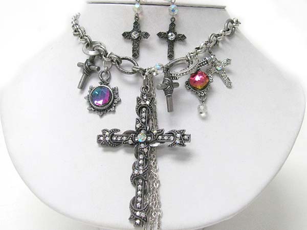 Crystal stud multi cross charm dangle neckalce earring set 