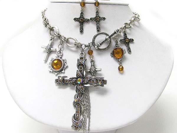 Crystal stud multi cross charm dangle neckalce earring set 