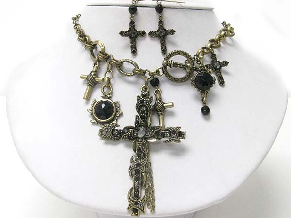 Crystal stud multi cross charm dangle neckalce earring set 