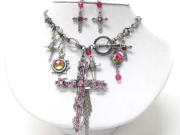 Crystal stud multi cross charm dangle neckalce earring set 