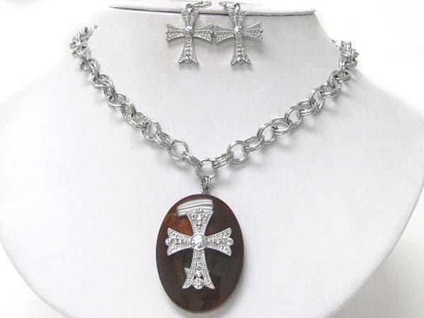 Cross theme acrylic oval pendant necklace set