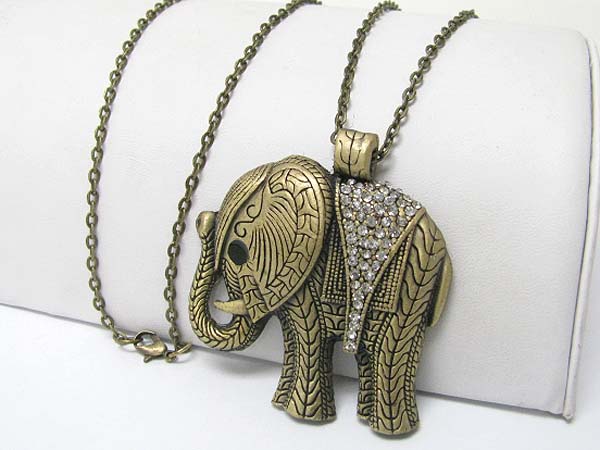 Burnish metal crystal stud elephant pendant long chain necklace 