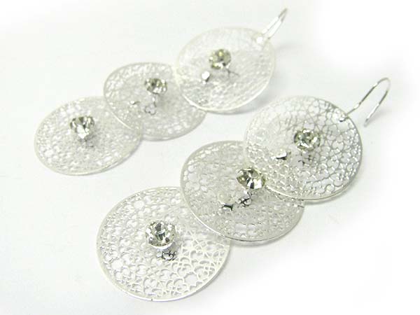 Crystal stud triple metal filigree disk earring