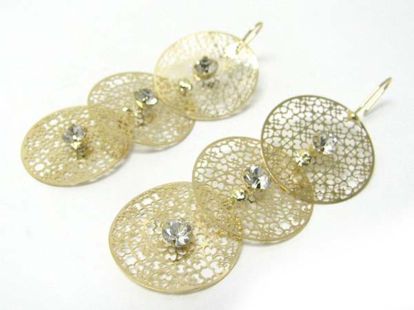 Crystal stud triple metal filigree disk earring