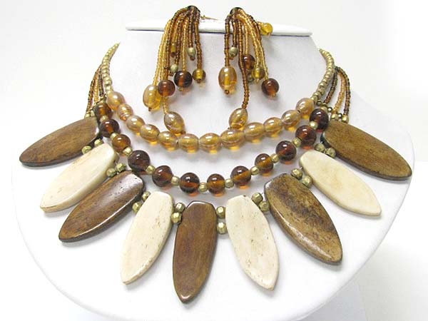 Ethnic style multi strand wood and bead necklace earring set