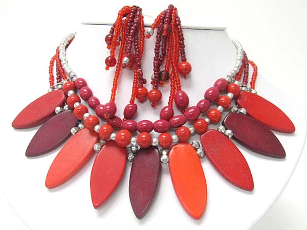 Ethnic style multi strand wood and bead necklace earring set