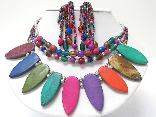 Ethnic style multi strand wood and bead necklace earring set