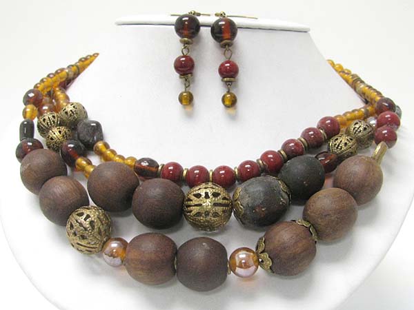 Multi starnd wooden ball and glass beads necklace earring set