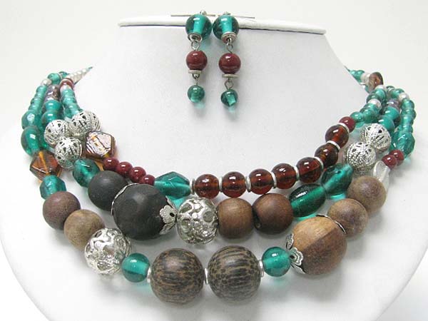 Multi starnd wooden ball and glass beads necklace earring set