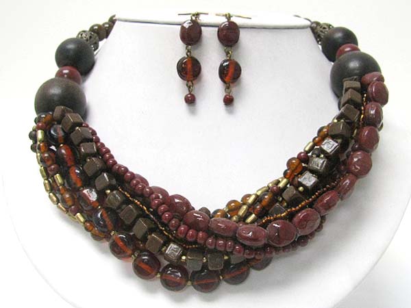 Multi starnd wooden ball and glass beads braided necklace earring set