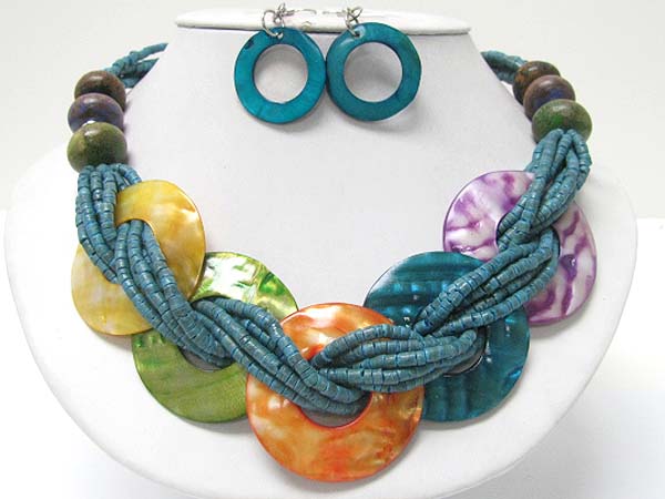 Colored shell disk and multi strand braided beads link necklace earring set