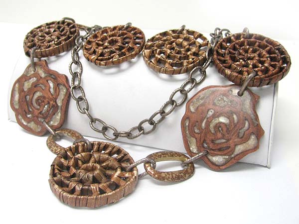 Wooden flower disk and wood art disk link long necklace earring set