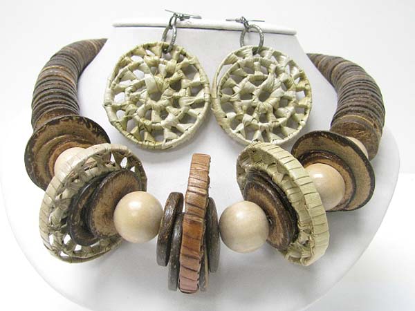 Ethnic style wooden disk and ball link necklace earring set