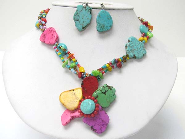 Natural stone and beads deco flower medal neckalce earring set