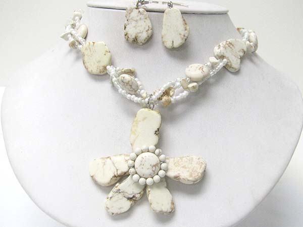 Natural stone and beads deco flower medal neckalce earring set