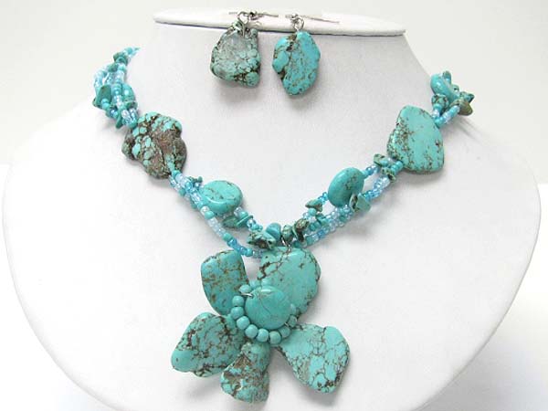 Natural stone and beads deco flower medal neckalce earring set