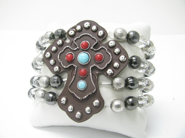 Natural stone stud antique cross top multi row beads stretch bracelet