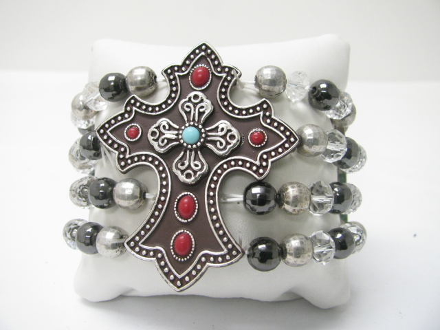 Natural stone stud antique cross top multi row beads stretch bracelet