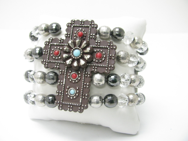 Natural stone stud antique cross top multi row beads stretch bracelet