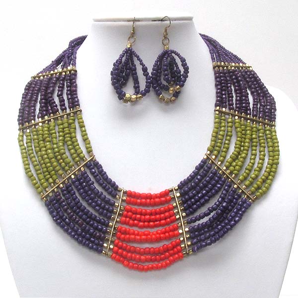 Multi layer seed beads link necklace earring set