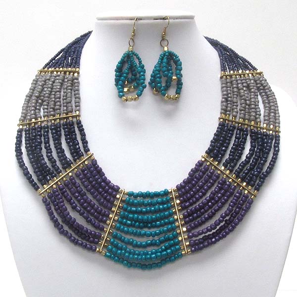 Multi layer seed beads link necklace earring set