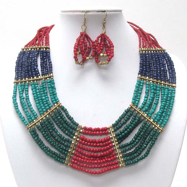 Multi layer seed beads link necklace earring set