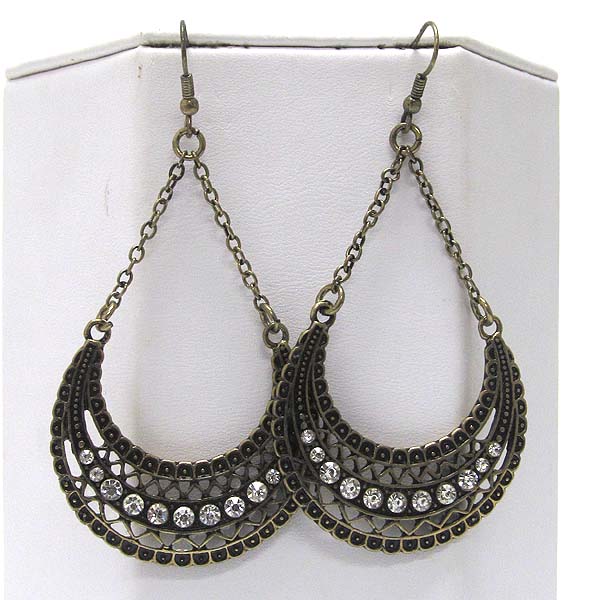 Crystal textured metal half oval and chain drop earring