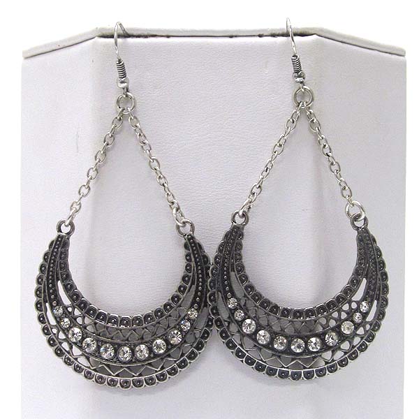 Crystal textured metal half oval and chain drop earring