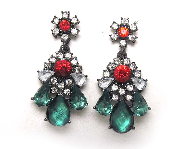 Two flower patern crystal multi tear drop acryl stone earring