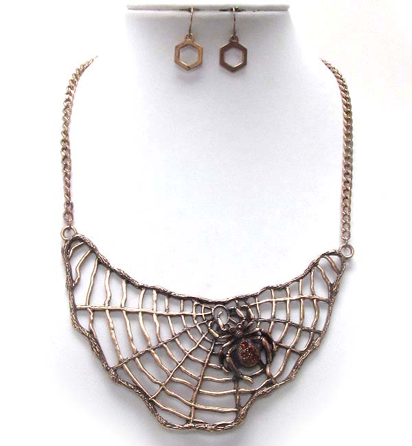 Crystal metal spider web bib half choker necklace earring set