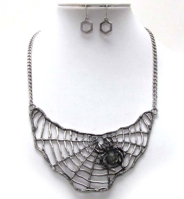 Crystal metal spider web bib half choker necklace earring set