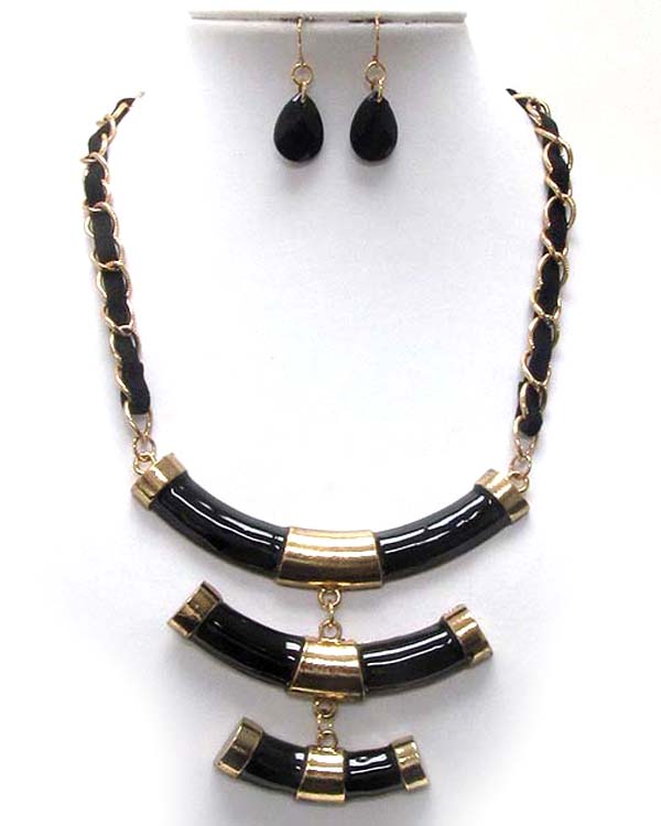 Three layer metal and epoxy half oval fashion designer style drop chain and cord necklace earring set