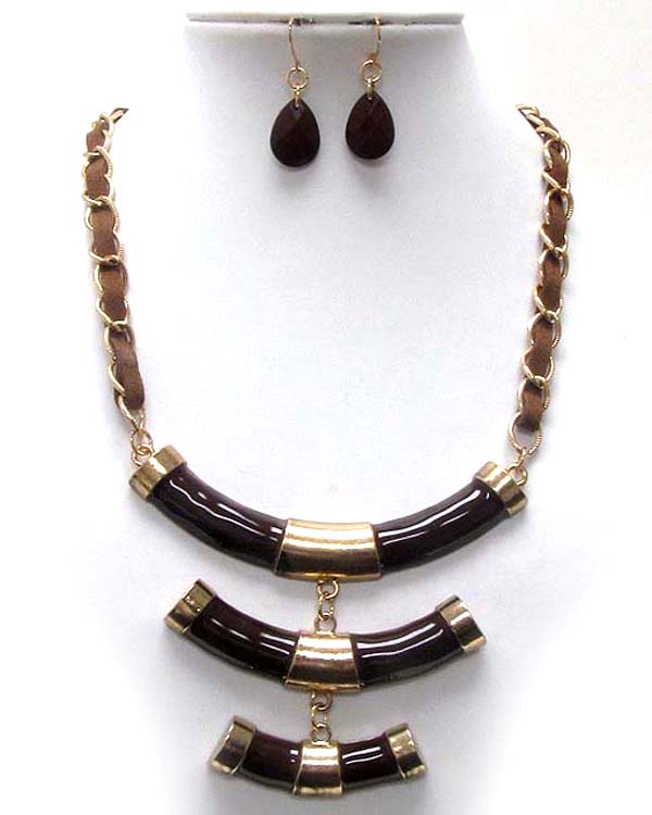 Three layer metal and epoxy half oval fashion designer style drop chain and cord necklace earring set