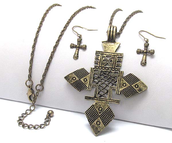 Azteca metal cross pattern long chain necklace earring set -western