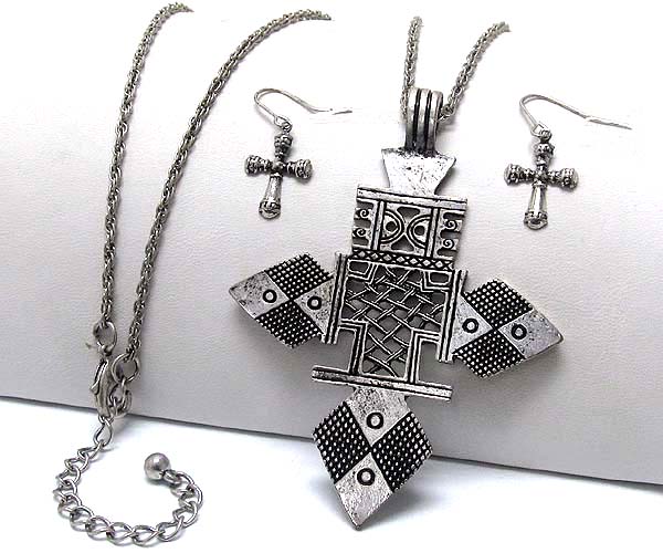 Azteca metal cross pattern long chain necklace earring set -western