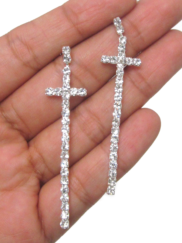 Rhinestone long cross earring