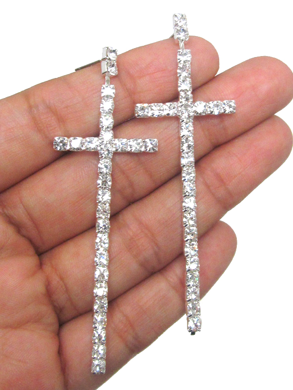 Rhinestone long cross earring