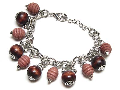 Carved wooden ball dangle charm bracelet