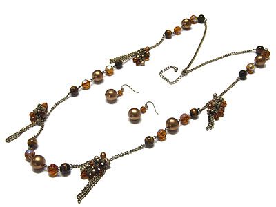 Multi beads and chain fashion long necklace and earring set