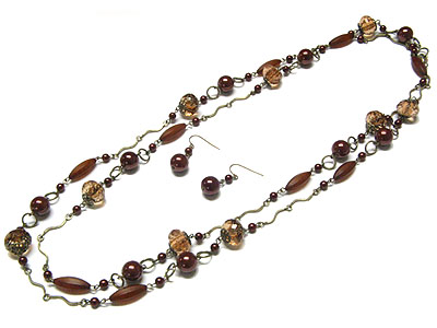 Genuine glass facet beads and metal ball long necklace and earring set 