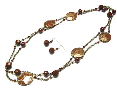 Octagon patina disk long necklace and earring set