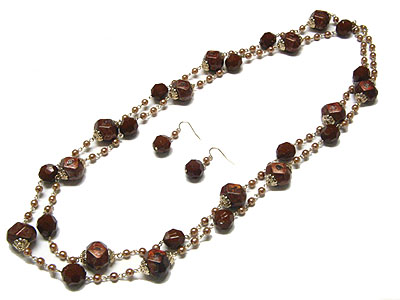 Facet stone beads and small metal ball long necklace and earring set